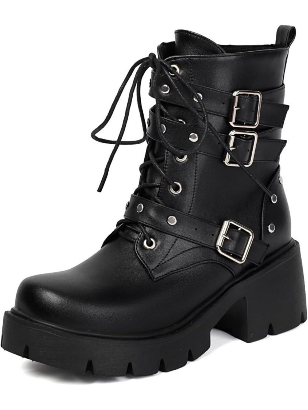 Women's Rivets Black Buckles Rivet Goth Block Heel Round Toe Zipper Ankle Boots